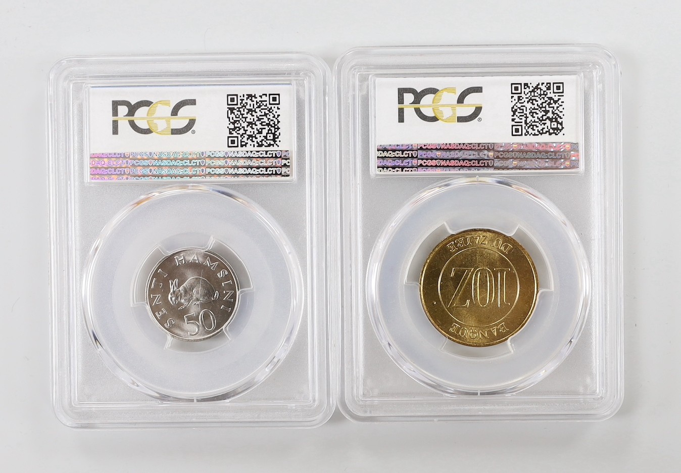 Ex. King’s Norton mint collection specimen coins - Tanzania 50 sen nickel trial strike 1966, PCGS slabbed and graded SP66 and Republic of Zaire, 10 Zaires 1988, PCGS slabbed and graded SP66 (2)